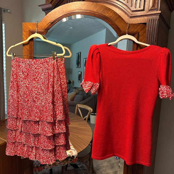 Raul Blanco Red and White Hand Loomed Sweater and Tiered Midi Silk Skirt Set